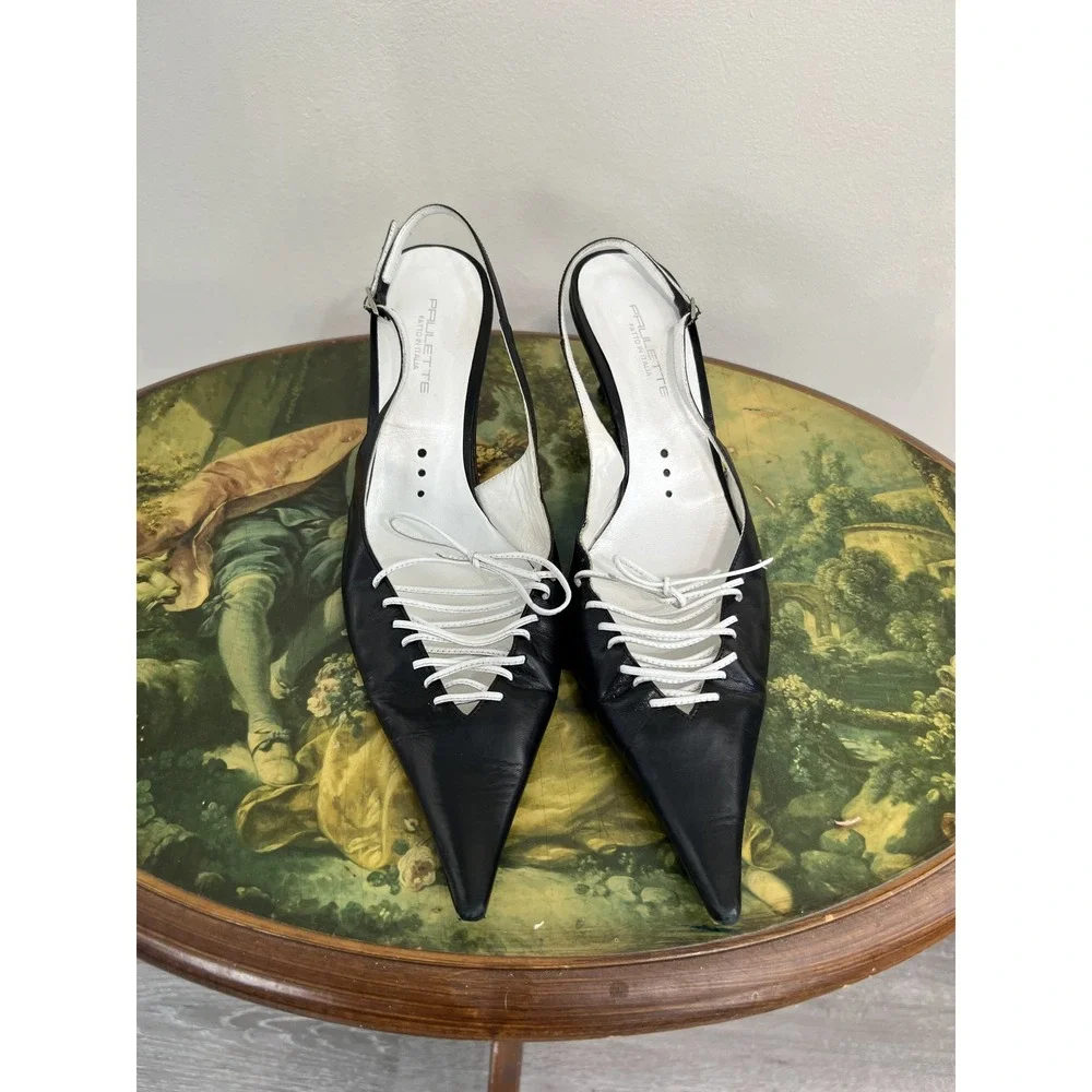 Vintage Paulette Black Leather Pointed Toe Lace Up Slingback Kitten Heels 41